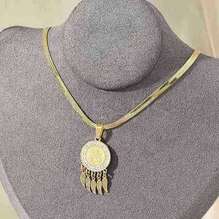 201 Stainless Steel Clear Cubic Zirconia Flat Round Virgin with Feather Pendant Necklaces NJEW-H055-04G-1