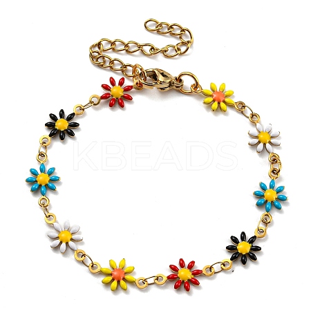 Ion Plating(IP) Golden 304 Stainless Steel Flower Link Chain Bracelets with Enamel BJEW-E088-02G-07-1