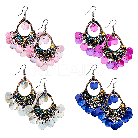 FIBLOOM 4 Pairs 4 Colors Natural Shell Chandelier Earrings EJEW-FI0002-07-1