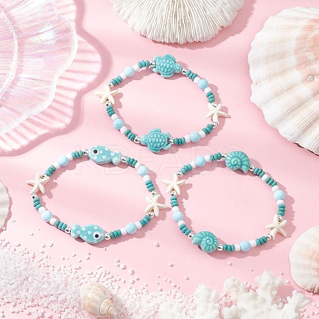 3Pcs Synthetic Turquoise & Porcelain & Dyed Natural Howlite Beads Stretch Bracelets for Women X-BJEW-JB11793-1