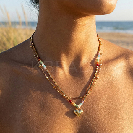 Rainbow Natural Mixed Stoned Beaded Double Layer Necklaces with Stainless Steel Heart Pendant for Beach Vacation KB9378-1-1