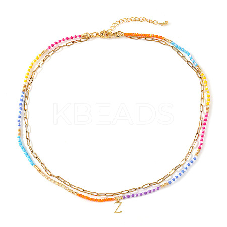 Colorful Glass Seed Beaded Initial Pendant Double Layer Necklaces QS3881-26-1