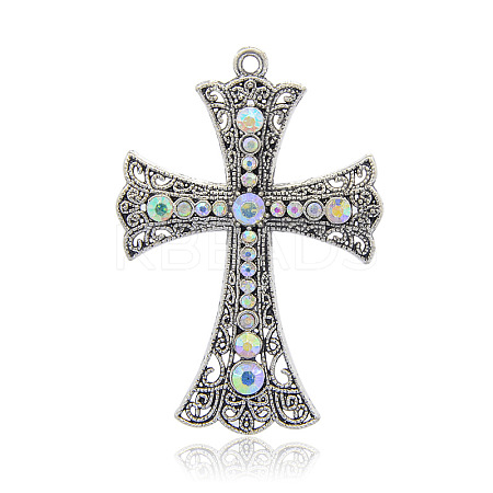 Antique Silver Tone Cross Alloy Rhinestone Big Pendants RB-J026-28AS-1