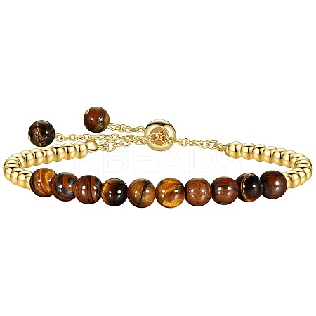 Natural Tiger Eye 304 Stainless Steel Round Beaded Adjustable Slider Bracelets for Men Women AW1156-10-1