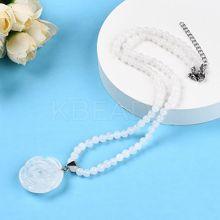 Natural Quartz Crystal 4.5mm Round Beaded Rock Crystal Flower Pendant Necklaces NJEW-T016-04P-1