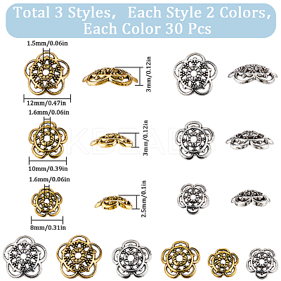 180Pcs 6 Style Tibetan Style Alloy Flower Bead Caps FIND-SC0008-77-1