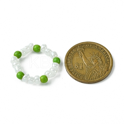 Round Synthetic Turquoise with Glass Seeded Beaded Stretch Rings for Women RJEW-JR00707-01-1