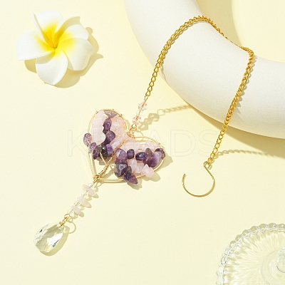 Wire Wrapped Natural Rose Quartz & Amethyst Chip Heart with Tree Pendant Decoration HJEW-FS00019-1