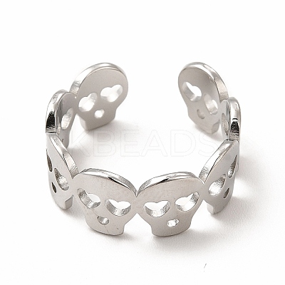 Non-Tarnish 304 Stainless Steel Skull Open Cuff Ring for Women RJEW-B027-31P-1