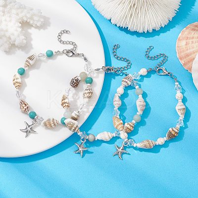3Pcs 3 Style Alloy Starfish Charm Bracelets Set BJEW-JB10090-1