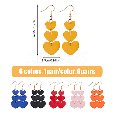 6 Pairs 6 Colors PU Leather Heart Dangle Earrings with Iron Pin for Women EJEW-FI0002-15-1