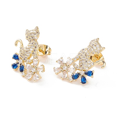 Cat and Flower Cubic Zirconia Stud Earrings LS-EJEW-I263-02G-1