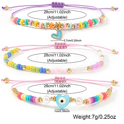 3Pcs Glass Seed Bead & Resin & Brass Braided Bead Bracelets LW3639-4-1