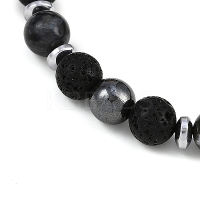 Non-Magnetic Synthetic Hematite & Natural Larvikite & Natural Lava Rock Round Beaded Braided Bracelets for Men Women BJEW-JB11185-02-1