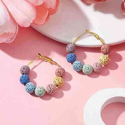 Dyed Natural Lava Rock Round Beaded Hoop Earrings EJEW-JE05588-1