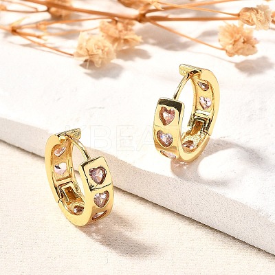 Pink Cubic Zirconia Heart Hoop Earrings EJEW-H093-13G-1