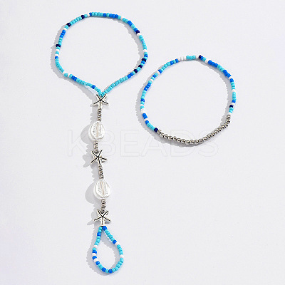 Bohemian Style Alloy Starfish & Plastic Shell Shape & Glass Seed Beaded Stretch Double Layer Toe Ring Anklets for Women FS-WG2BCD2-01-1