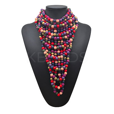 Round Wood Beaded  Multi Layered Bib Necklaces for Women FS-WG9E278-01-1
