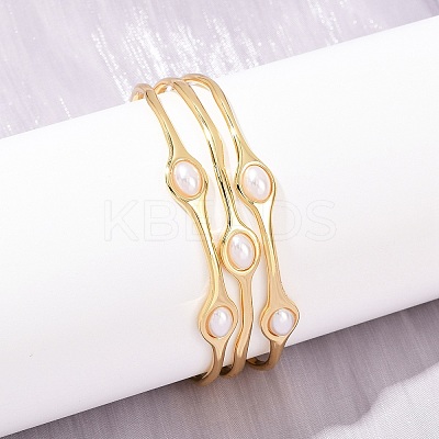 22MM Brass & ABS Plastic Pearl 3 Line Cuff Bangles for Women BJEW-L707-01G-1