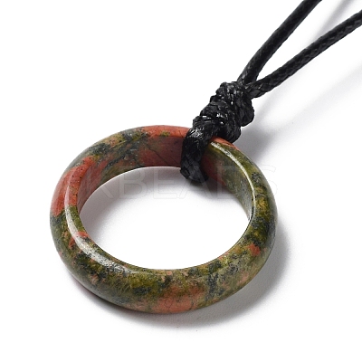 Natural Mixed Stone Ring Pendant Necklace with Waxed Cords NJEW-R262-01A-1