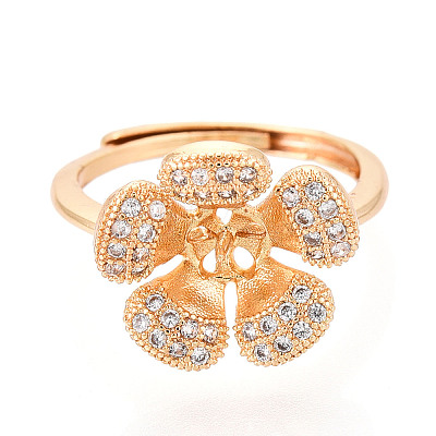 Flower Brass Micro Pave Clear Cubic Zirconia Adjustable Ring Settings KK-T076-25G-1