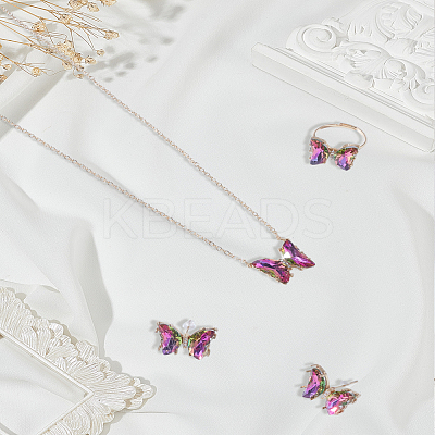 Butterfly Alloy Glass Pendant Necklaces & Stud Earrings & Rings Sets for Women SJEW-LP0001-25B-1