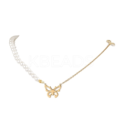 Bowknot Alloy Shell Pearl Beaded Necklaces NJEW-JN04819-1
