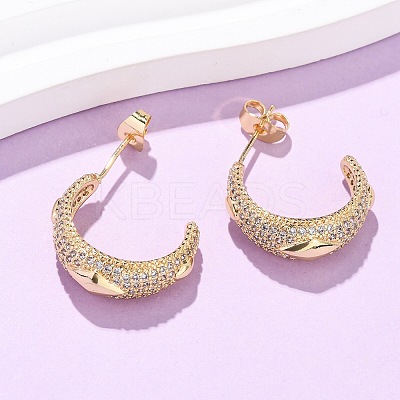 Brass Micro Pave Clear Cubic Zirconia C-Shaped with Rhombus Stud Earrings EJEW-B153-17G-02-1