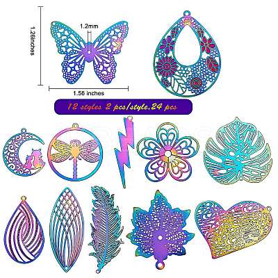 24Pcs 12 Style 201 Stainless Steel Filigree Pendants STAS-SZ0001-78-1