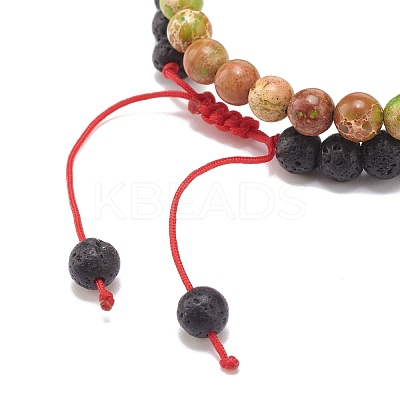 2Pcs 2 Style Natural Imperial Jasper(Dyed) & Green Aventurine & Lava Rock Braided Bead Bracelets Set with Alloy Shell BJEW-JB08476-1
