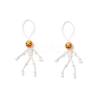 2Pcs Halloween Wood Pumpkin Macrame Cotton Cord Beaded Pendant Decorations HJEW-JM03904-S-1