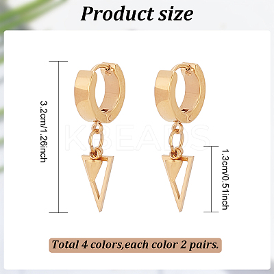 16Pcs 4 Colors 304 Stainless Steel Hollow Triangle Dangle Hoop Earrings with 316 Stainless Steel Pins EJEW-AN0003-66-1