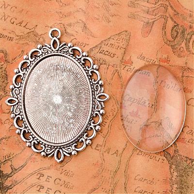 40x30mm Oval Clear Glass Cabochon Cover and Antique Silver Tibetan Style Pendant Cabochon Settings for DIY DIY-X0152-AS-RS-1
