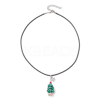 2Pcs 2 Styles Electroplate Glass Beaded Dark Cyan Christmas Tree & Alloy Star Pendant Black Waxed Cotton Cord Necklaces NJEW-MZ00123-1