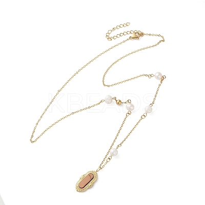 304 Stainless Steel & Natural Pearl & Synthetic Turquoise Oval Pendant Necklaces for Women NJEW-A045-23G-1