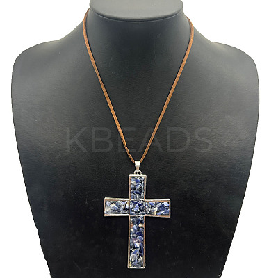 Eco-friendly Zinc Alloy & Natural Chip Blue Spot Jasper Handmade Cross Pendant Cord Necklaces for Women Men RL5831-3-1