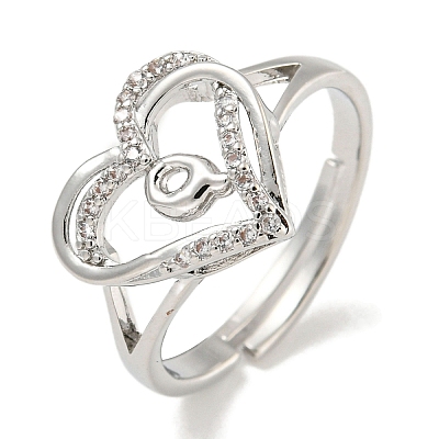 Heart with Letter Rack Plating Brass Micro Pave Clear Cubic Zirconia Adjustable Rings for Women RJEW-I105-01P-Q-1