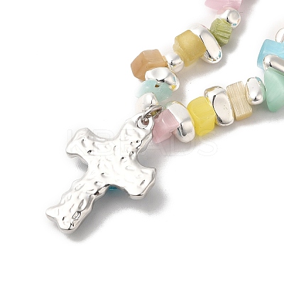 Alloy Glass Cross Pendant Necklace with Cat Eye Chips Beaded Chains LS-NJEW-Q001-02P-1
