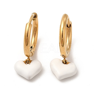 White Enamel Heart Dangle Hoop Earrings EJEW-P219-07G-1