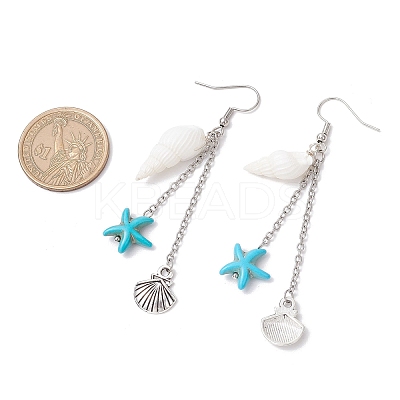 Shell Shape with Starfish Dangle Earrings EJEW-TA00640-1