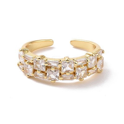 Rectangle Cubic Zirconia Open Cuff Ring RJEW-P035-07G-1