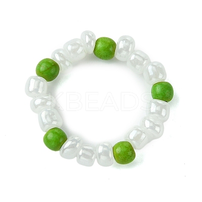 Round Synthetic Turquoise with Glass Seeded Beaded Stretch Rings for Women RJEW-JR00707-01-1