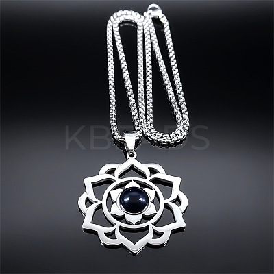 Chakra Lotus Flower 201 Stainless Steel Pave Synthetic Blue Goldstone Pendant Necklaces for Women LS-NJEW-K283-26P-1