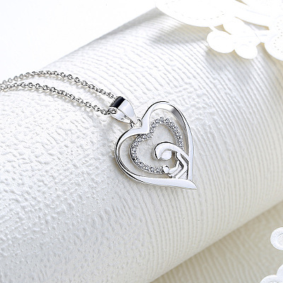 Mother's Day Brass Micro Pave Clear Cubic Zirconia Mother and Baby Heart Pendant Necklaces for Women LS-NJEW-C085-01C-P-1