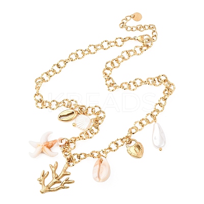304 Stainless Steel Coral Shape & Resin Shell & Plastic Imitation Pearl Pendant Necklaces for Women NJEW-F352-01G-1