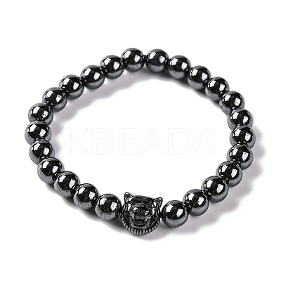 Round & Tiger Head Synthetic Non-magnetic Hematite Beaded Stretch Bracelets for Women BJEW-Q345-03-1