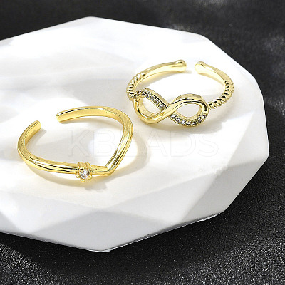 2Pcs 2 Styles Brass Micro Pave Clear Cubic Cuff Zirconia Rings for Women RJEW-S399-04G-1