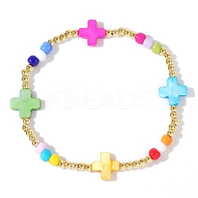 Beach Vacation Style Cross Shell Pearl & Brass Stretch Beaded Bracelets for Women II7878-2-1