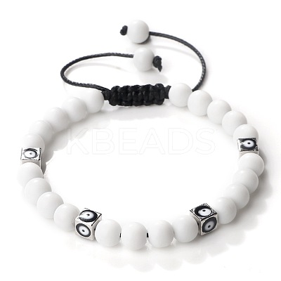 Trendy Ethnic Style Cube Evil Eye & Round Natural White Jade Beaded Stretch Bracelets PJ2289-3-1