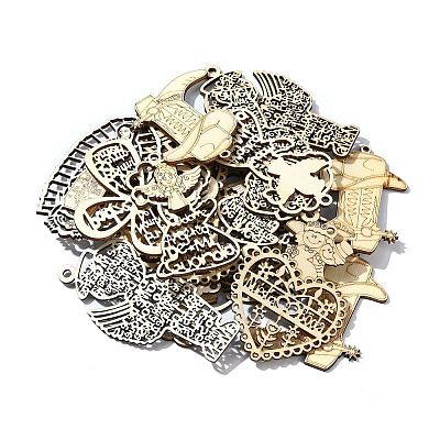 35Pcs 7 Styles Wedding Theme Wooden Huggie Pendants WOOD-CJ0002-07-1